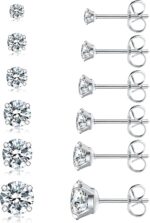 6 Pairs Stud Earrings Set, Hypoallergenic Cubic Zirconia 316L Earrings Stainless Steel CZ Earrings 3-8mm (Steel color)