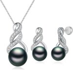 Pearl Necklace and Earring Set for Women - 925 Sterling Silver Infinity/Bow Tie Pearl Set Jewelry Rhodium/Gold Plated Anniversary Birthday Gifts for Her Packaged in Preserved Red Rose Box