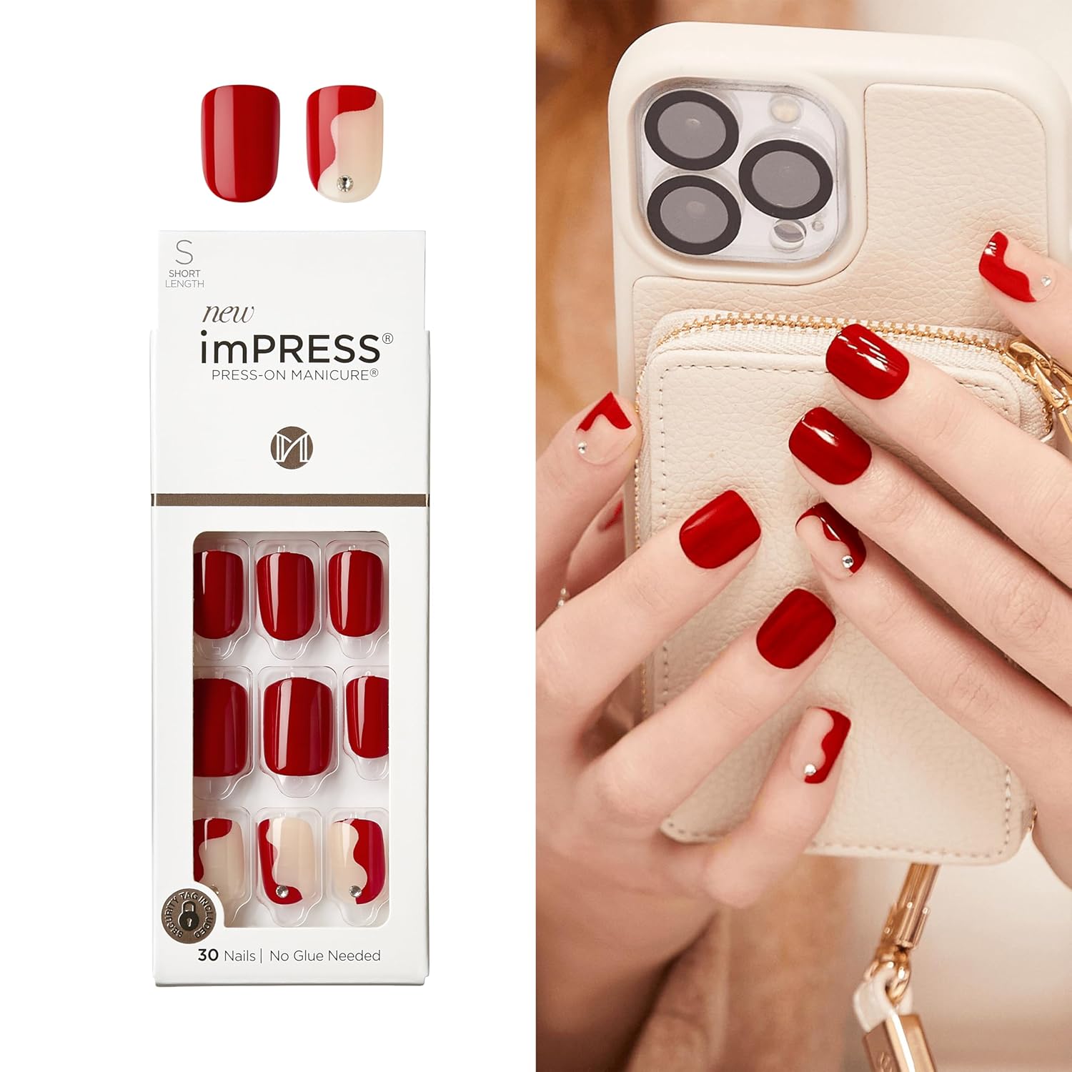 KISS imPRESS No-Glue Press-On Nails – ‘Adore You’ Red Short Squoval Nails