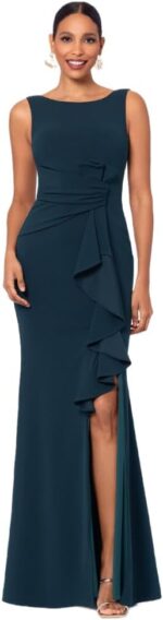 Betsy & Adam Women’s Long Sleeveless Boat Neck Gown – Ruffle Side Slit Formal Dress in Stretch Scuba Crepe