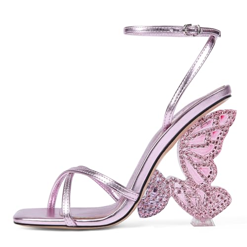 Fuazuzu Rhinestone Butterfly High Heels for Women – Open Round Toe Stiletto Heel Sandals with Ankle Wrap Buckle Wedding,Prom,Evening Dressy