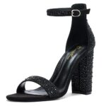 GENSHUO Women’s 4-inch Chunky High Heel Sandals with Ankle Strap,Party Wedding Bridal Shoes Sparkly Black Rhinestons Size 9.5