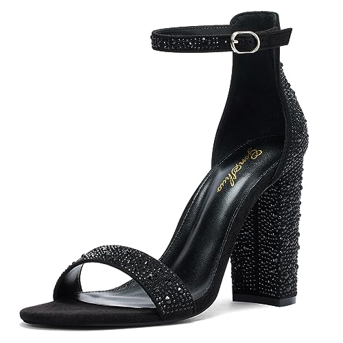 GENSHUO Women’s 4-inch Chunky High Heel Sandals with Ankle Strap,Party Wedding Bridal Shoes Sparkly Black Rhinestons Size 9.5