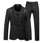 MOGU Men’s 3-Piece Slim Fit Suit Set – Floral Tuxedo with Shawl Lapel, One-Button Blazer, Vest & Elastic Waist Pants – Formal Wedding &