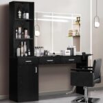 4ever2buy Barber Station for Hair Stylist, Salon Wall Station with Barber Cabinet, Hair Stations Equipment Hair Dryer Holder, Drawers, Wall Mount Barber Beauty Station, Mirror not Included, Black