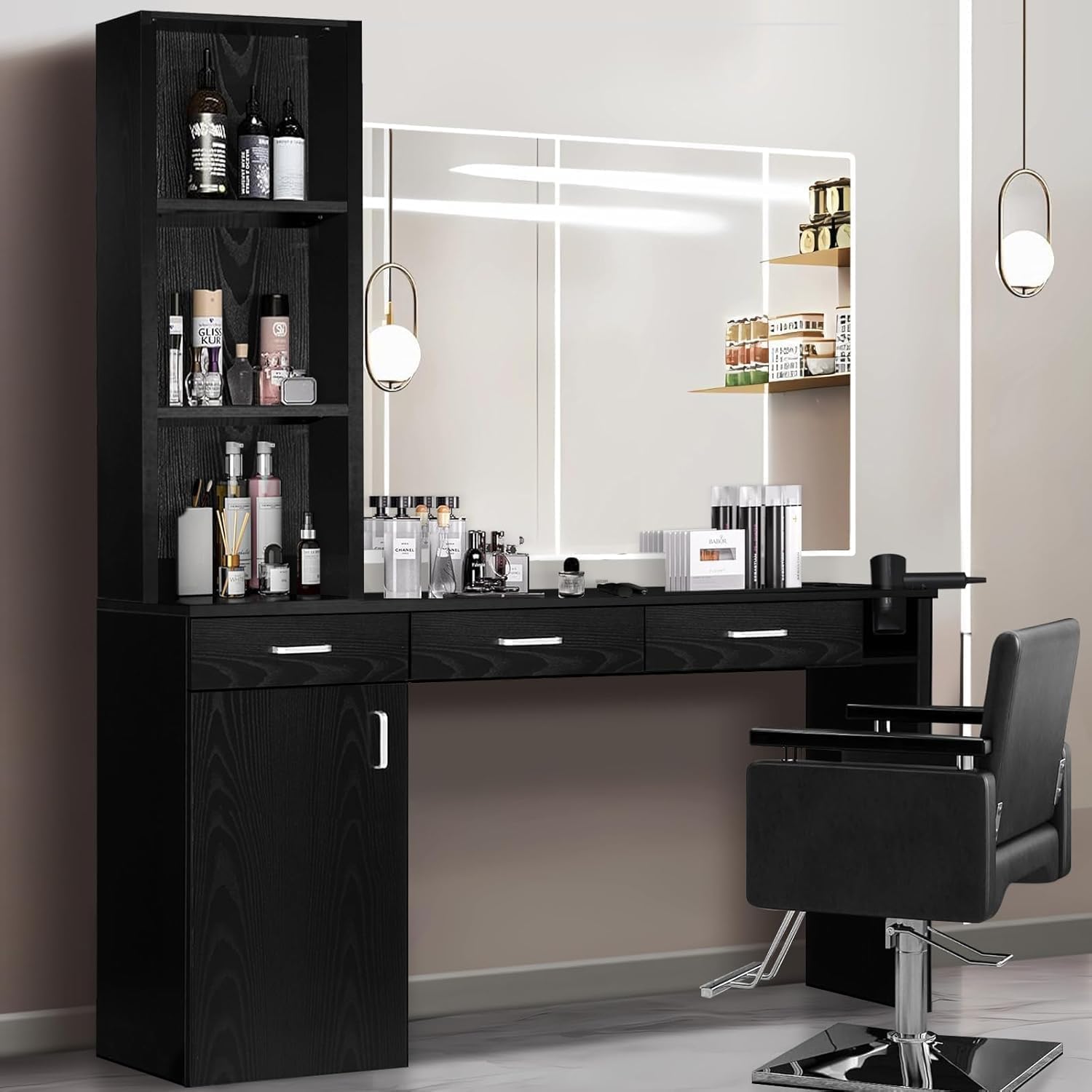 4ever2buy Barber Station for Hair Stylist, Salon Wall Station with Barber Cabinet, Hair Stations Equipment Hair Dryer Holder, Drawers, Wall Mount Barber Beauty Station, Mirror not Included, Black