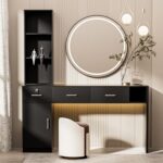 Barber Salon Station for Hair Stylist, Salon Wall Mount Station with Barber Cabinet and Barber Desk, Hair Salon Stations Equipment with Holders, Drawers, Beauty Station Without Mirror (Black)