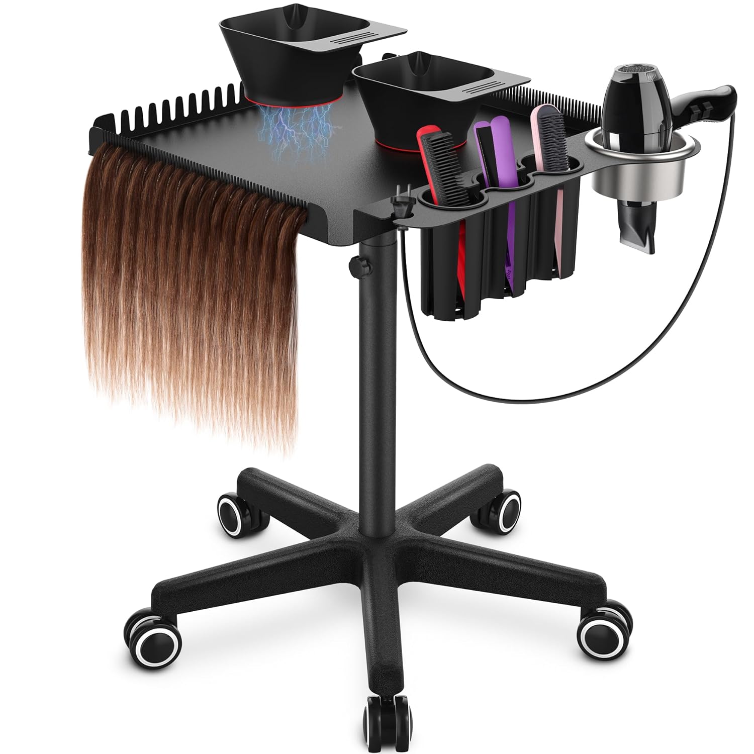 Black Salon Tray Cart with Wheels – Stylist Station Organizer Trolley with Dye Bowl, Hair Extension Holder, Braiding Rack Stand for Hair, Rolling Tool Cart & Salon Equipment for Hairstylist Essentials