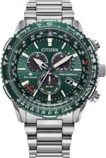 Citizen Eco-Drive Pilot Chronograph Watch with Atomic Timekeeping, 12/24HR, Power Reserve, Luminous Hands/Markers, Sapphire Crystal – Green Dial