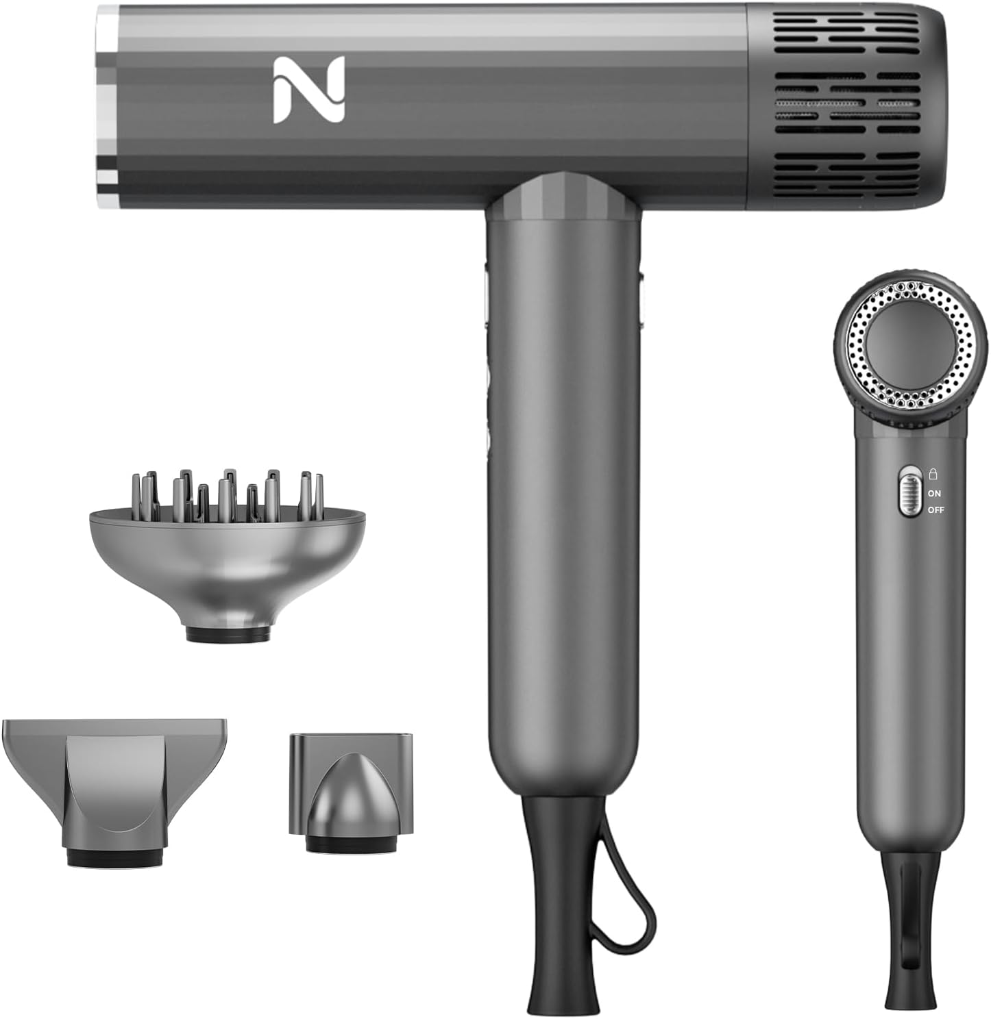 Ionic Professional Hair Dryer with Diffuser for Curly Hair,1600W & 110000RPM High Speed Blow Dryer for Women, Fast Drying, Lock Function, Low Noise, Lightweight for Home/Travel/Salon, Gray