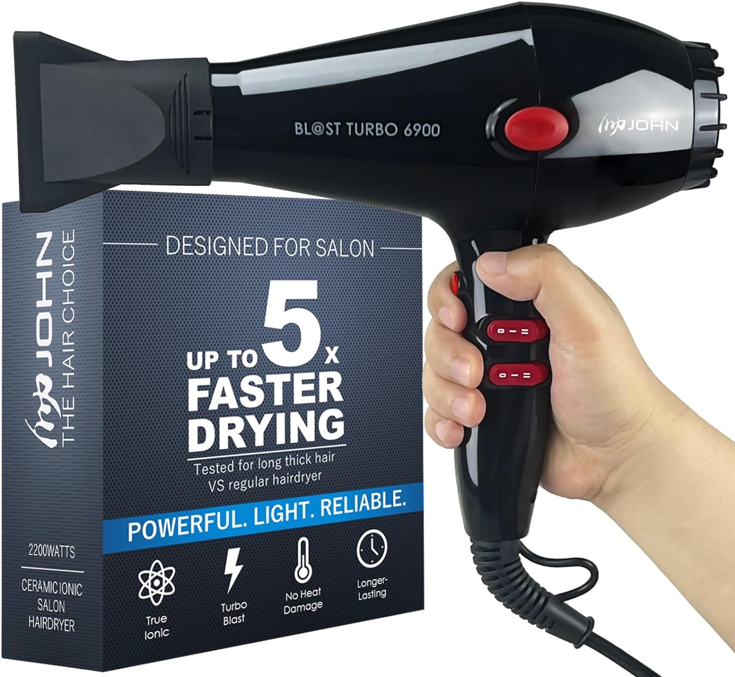 JOHN Super-Fast Drying Hair Dryer, Ionic 2200W Professional Salon Blow Dryer, 2 Concentrator Nozzles, Blast Turbo 6900, Black