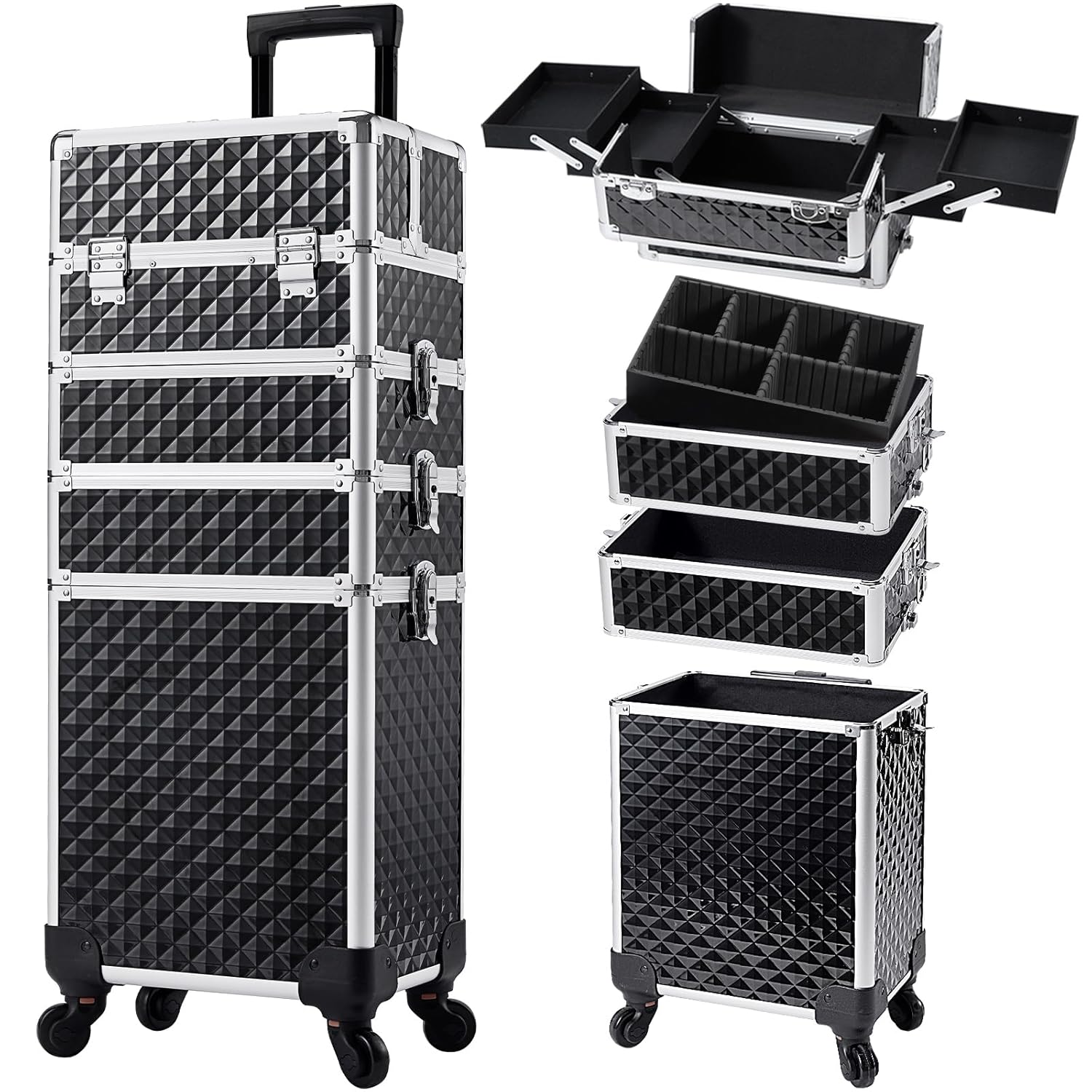 Stagiant Rolling Makeup Case Cosmetology Case on Wheels 4 in 1 Large Cosmetic Organizer Train Case Makeup Travel Case with Key Swivel Wheels Nail Artist Salon Storage Traveling Cart Trunk Black