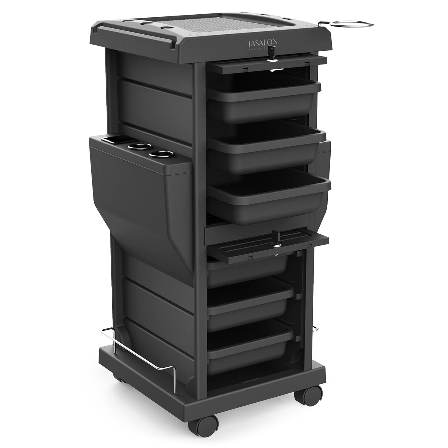 TASALON Professional Salon Trolley Cart, Lockable 6 Trays & 2 Holders, Space Saving Mobile Storage for Hair Salon and Beauty Station – Black