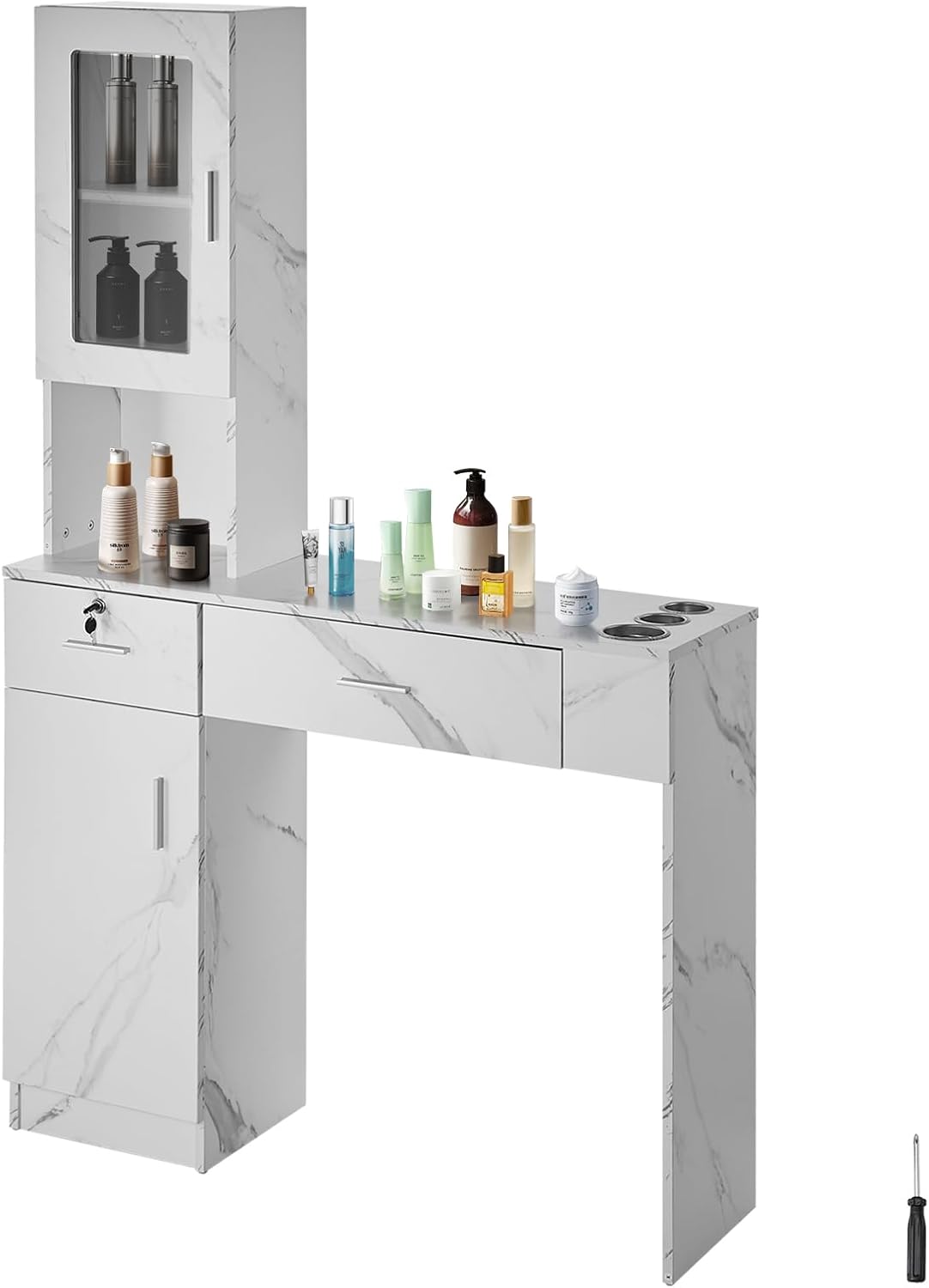 VEVOR Salon Station, Wall Mount Barber Salon Station for Hair Stylist, Beauty Spa Furniture Set, 1 Storage Cabinet, 3 Cubbies and 2 Drawers(One Lockable), White