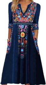 Akivide Fall Mexican Dress for Women,3/4 Sleeve V Neck Floral Embroidered Print Maxi Dresses with 2 Pockets